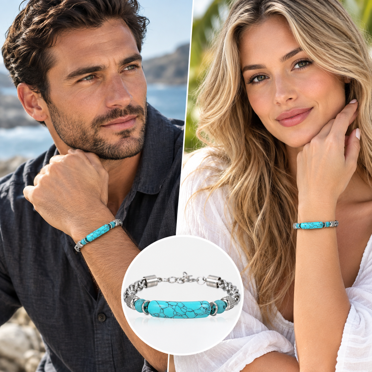 Vintage-style turquoise bracelet—titanium steel wrist accessory📿🍀