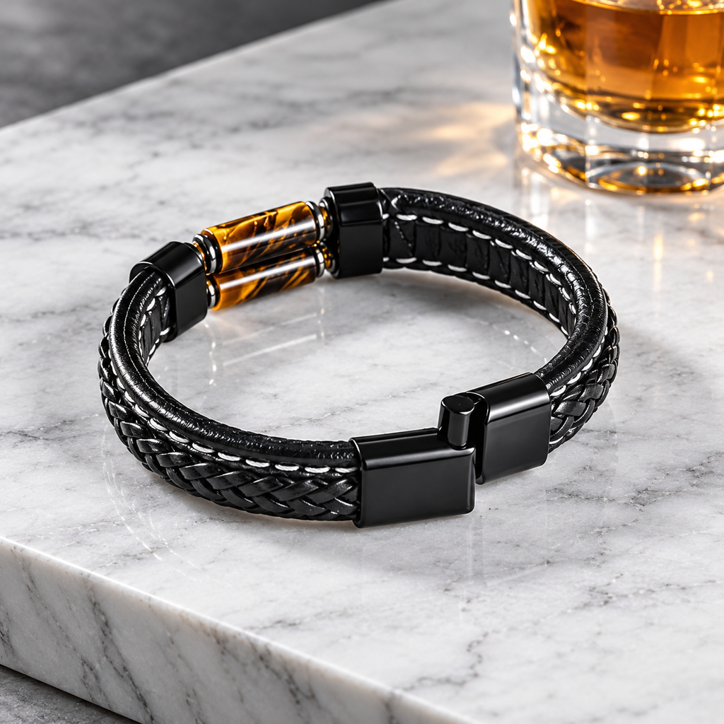 Natural stone bracelet paired with a magnetic-clasp leather bracelet.📿🍀