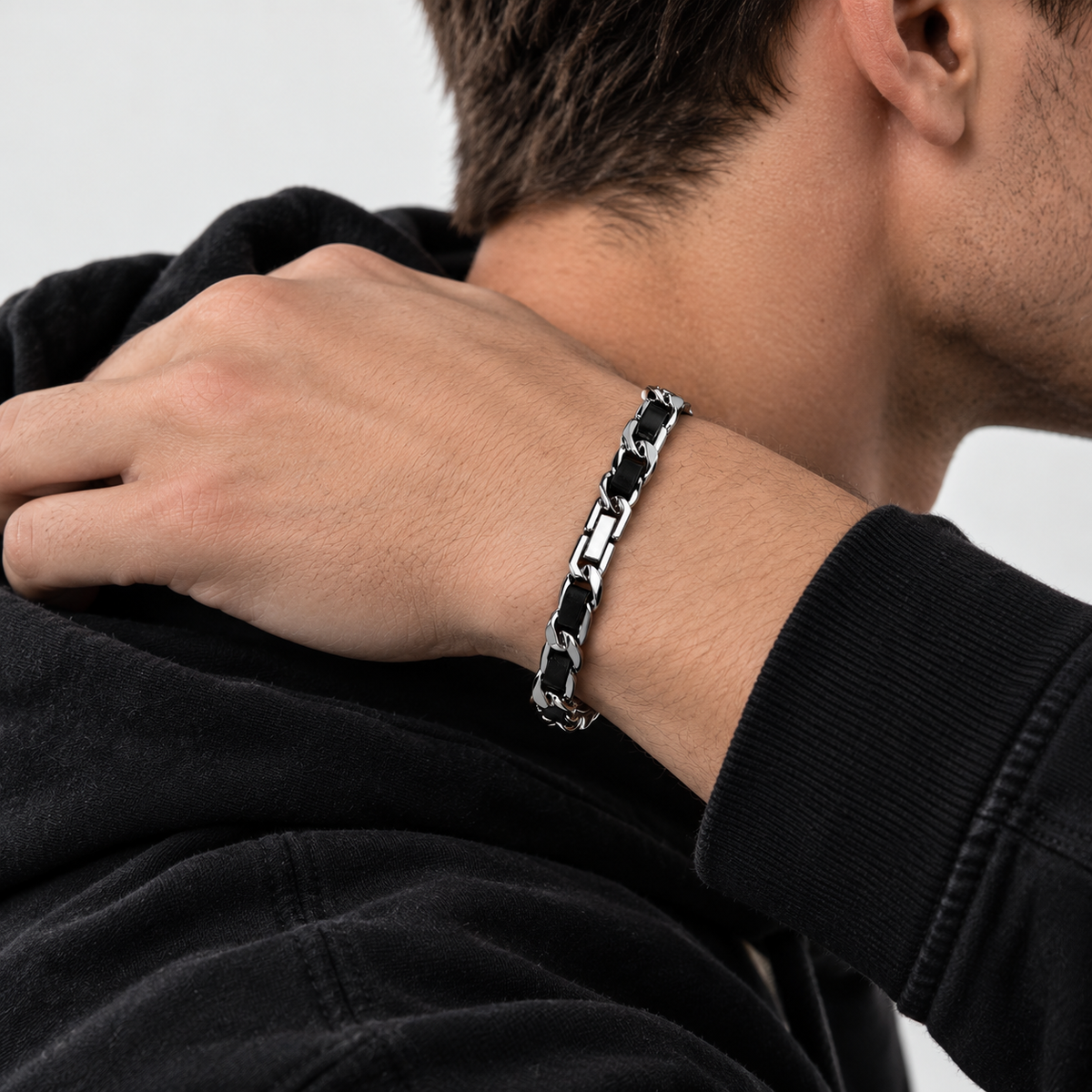 Premium Cuban-Style Titanium Steel & Leather Bracelet — Sophisticated Style for Men📿🍀