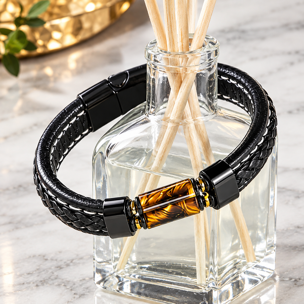 Natural stone bracelet paired with a magnetic-clasp leather bracelet.📿🍀