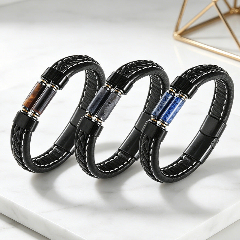 Natural stone bracelet paired with a magnetic-clasp leather bracelet.📿🍀