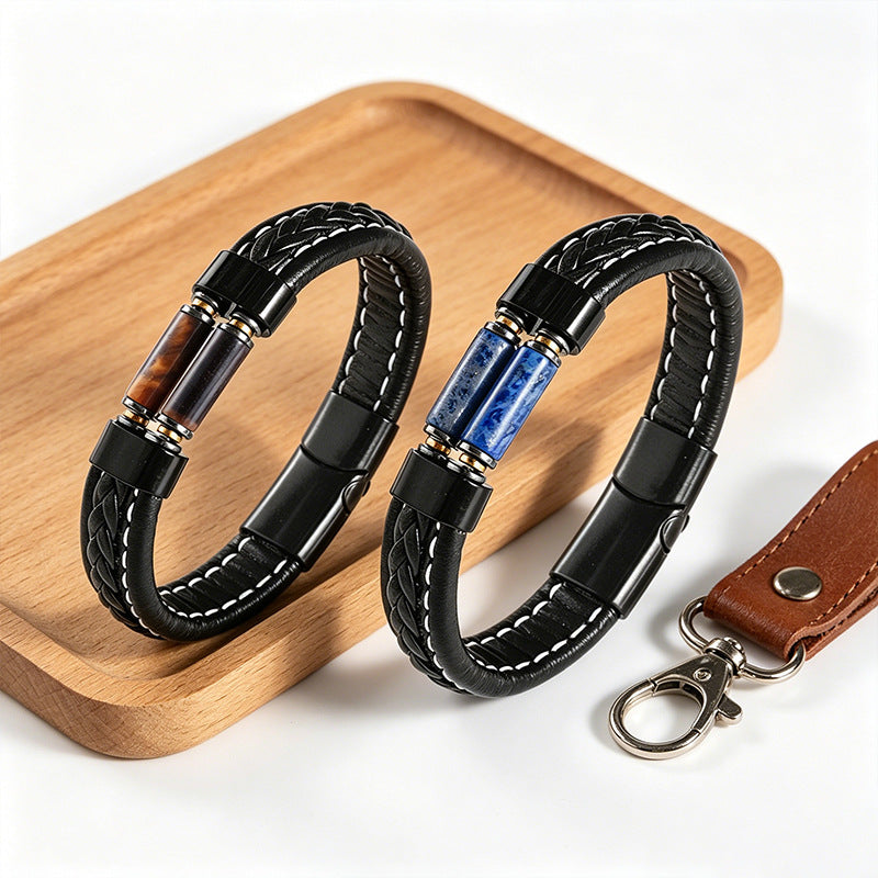 Natural stone bracelet paired with a magnetic-clasp leather bracelet.📿🍀