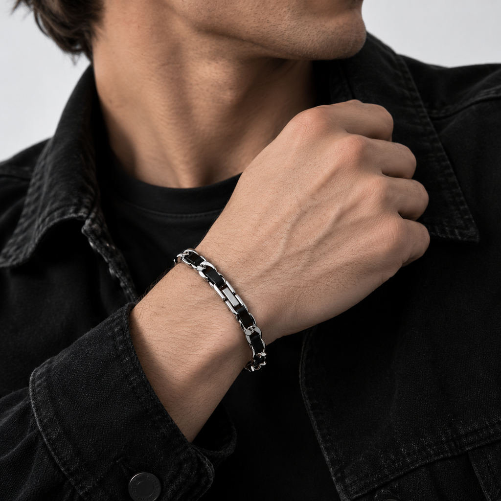 Premium Cuban-Style Titanium Steel & Leather Bracelet — Sophisticated Style for Men📿🍀