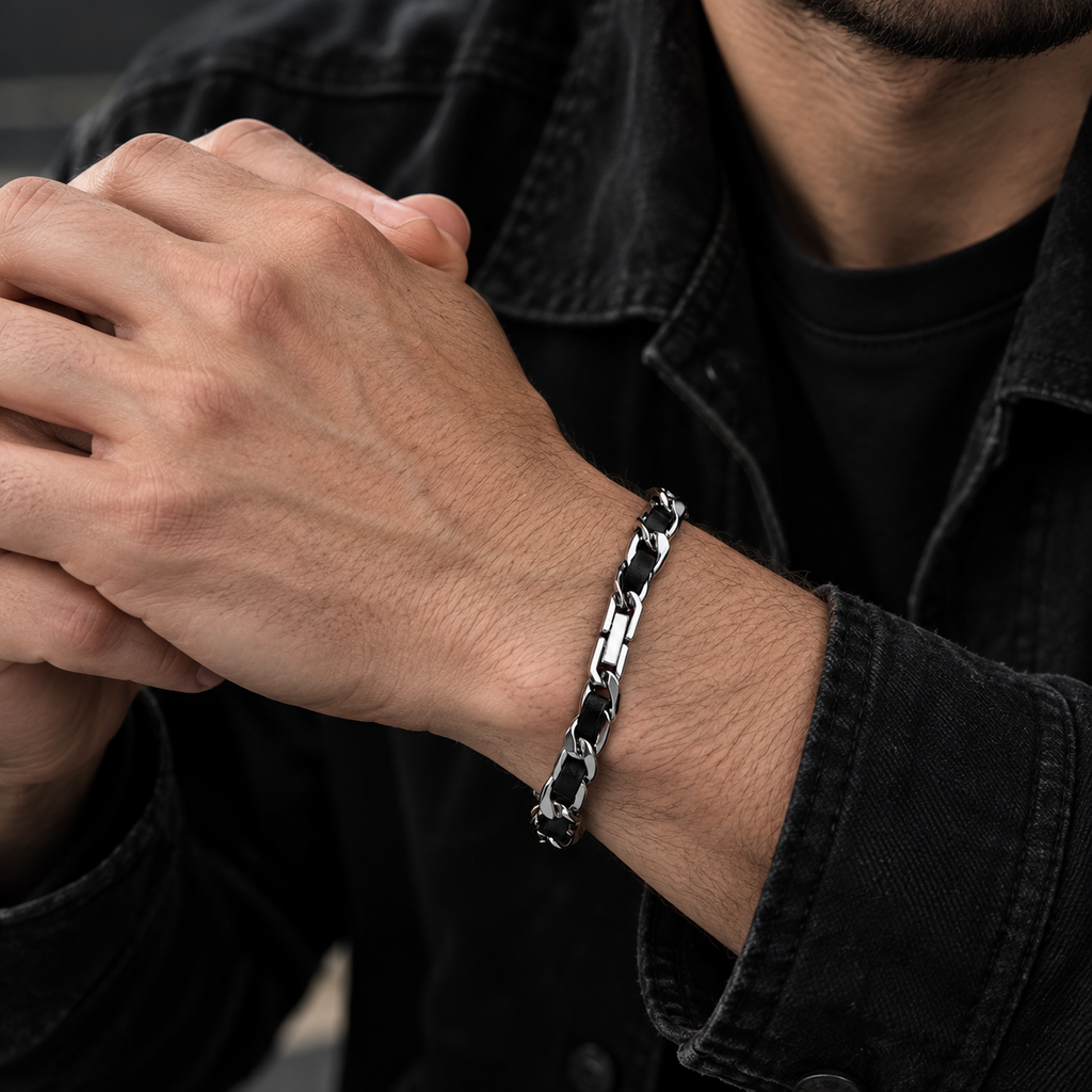 Premium Cuban-Style Titanium Steel & Leather Bracelet — Sophisticated Style for Men📿🍀