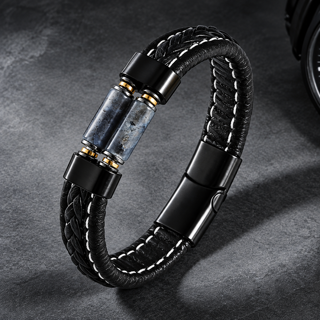Natural stone bracelet paired with a magnetic-clasp leather bracelet.📿🍀