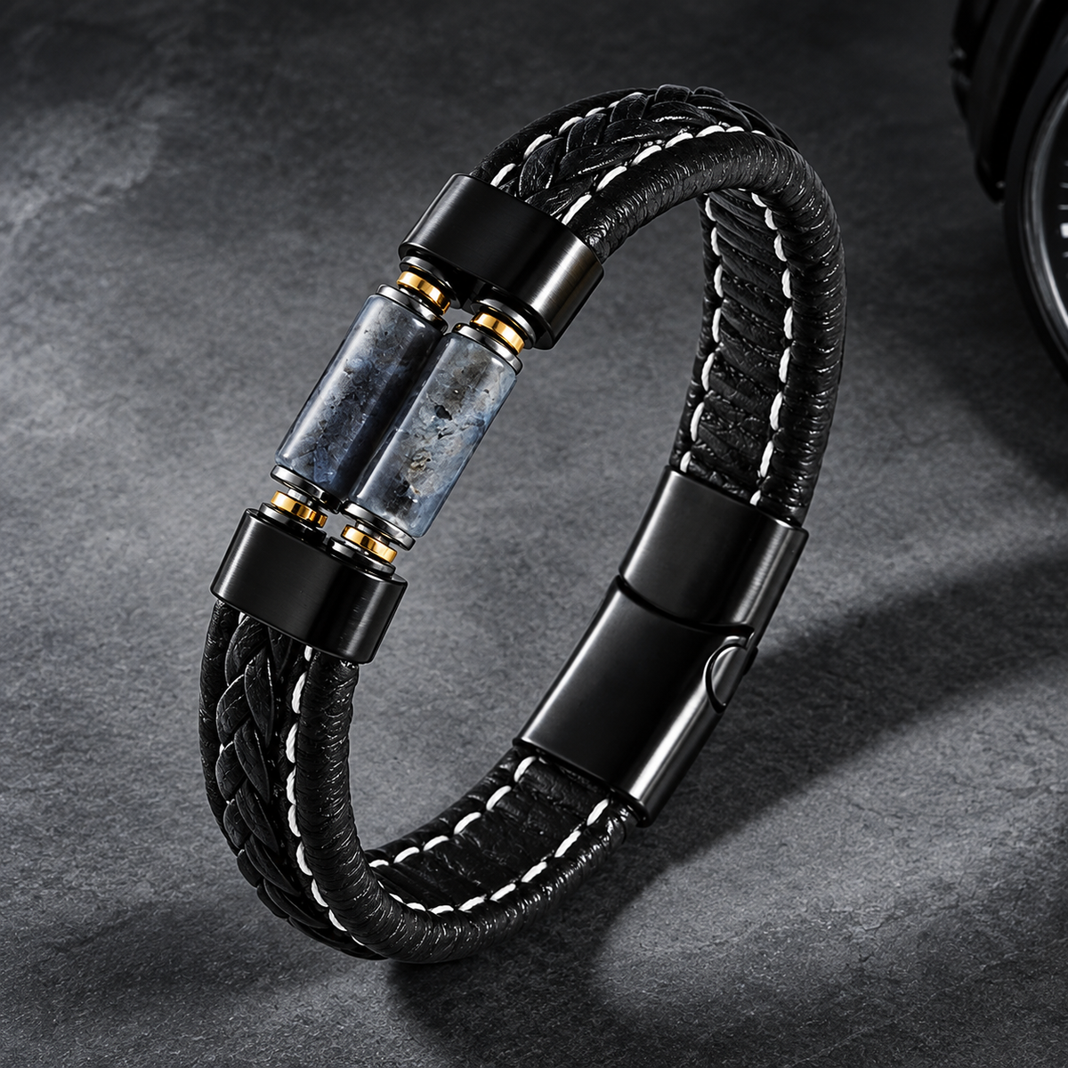 Natural stone bracelet paired with a magnetic-clasp leather bracelet.📿🍀
