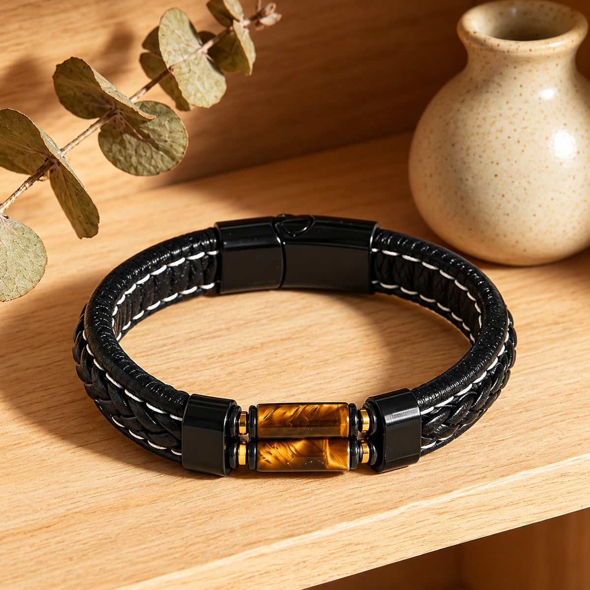 Natural stone bracelet paired with a magnetic-clasp leather bracelet.📿🍀